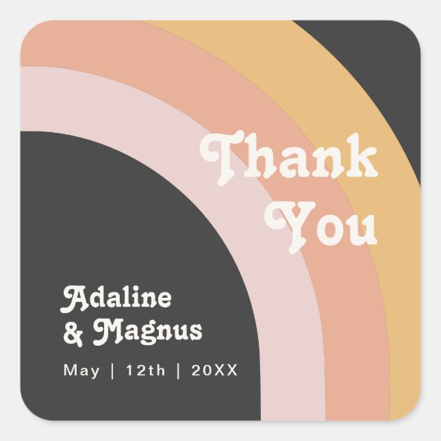 Modern Retro Rainbow Dark Thank You Wedding Favour Square Sticker (Front)