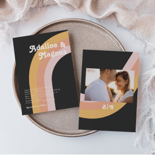Modern Retro Rainbow Monogram Photo Dark Wedding Invitation