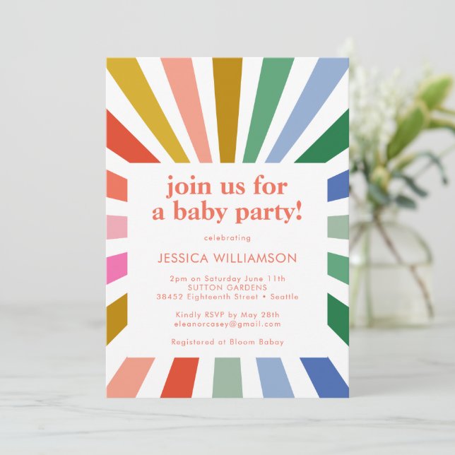 Modern Retro Rainbow Starburst Baby Shower Party Invitation (Standing Front)