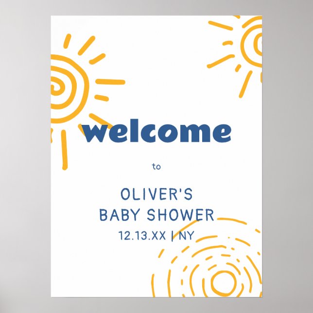 Modern Retro Ray Of Sunshine Baby Shower Welcome Poster (Front)