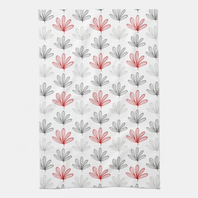 Modern Retro Red and Grey Floral Tea Towel (Vertical)