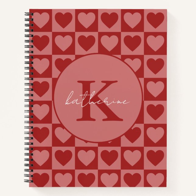 Modern Retro Red and Pink Minimalist Heart Pattern Notebook (Front)