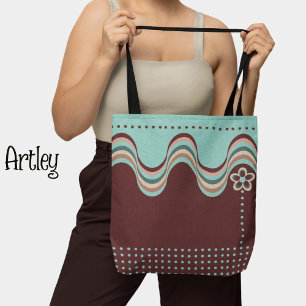 Modern Retro Red Blue Groovy Geometric Floral  Tote Bag