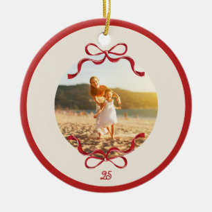 Modern Retro Red Bows Trendy Christmas photo Ceramic Tree Decoration