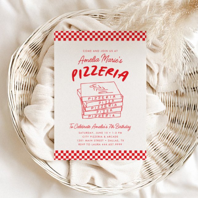 Modern Retro Red Italian Pizzeria Pizza Party Invitation (Creator Uploaded)