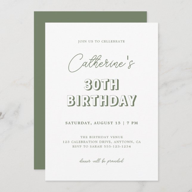 Modern Retro Sage Green 30th Birthday Party Invitation (Front/Back)