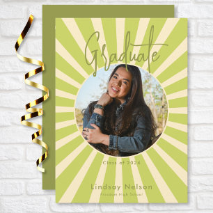 Modern Retro Sage Green Sunburst Photo Graduation Invitation