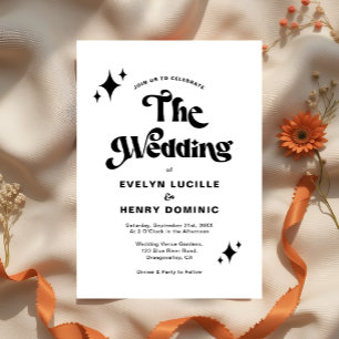 Modern Retro Script Black and White Wedding Invitation