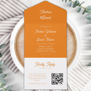 Modern Retro Script Bright Orange QR Code Wedding All In One Invitation