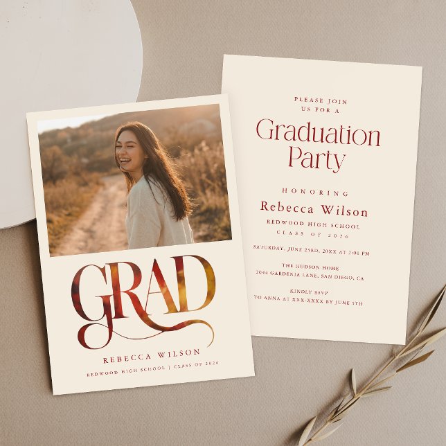 Modern Retro Script Grad Photo Graduation Party Invitation (Creator Uploaded)
