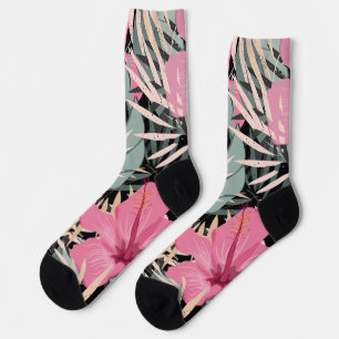 Modern retro seamless Tropical pattern black pink Socks