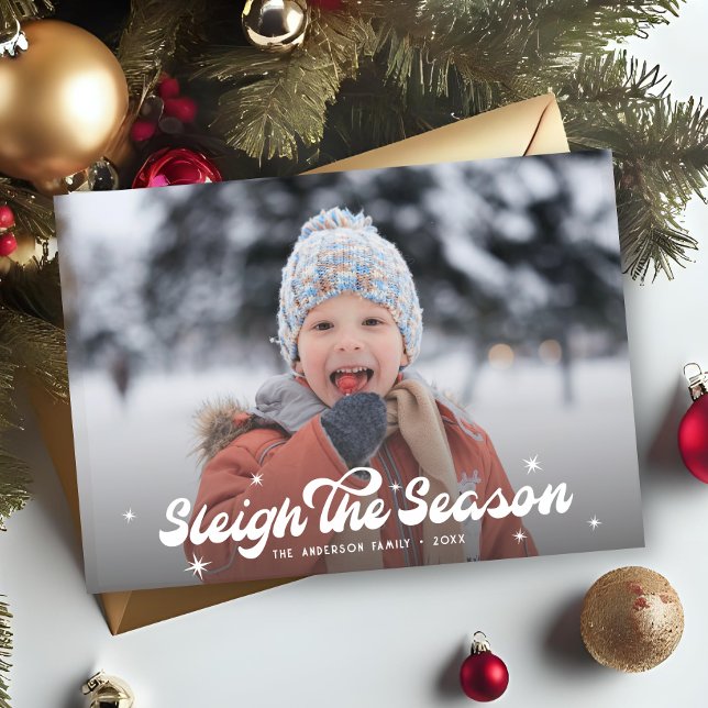 Modern Retro Sleigh The Season Photo Christmas Holiday Card (Creator Uploaded)