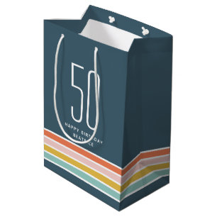 Modern Retro Stripes Birthday Any Age Custom Medium Gift Bag