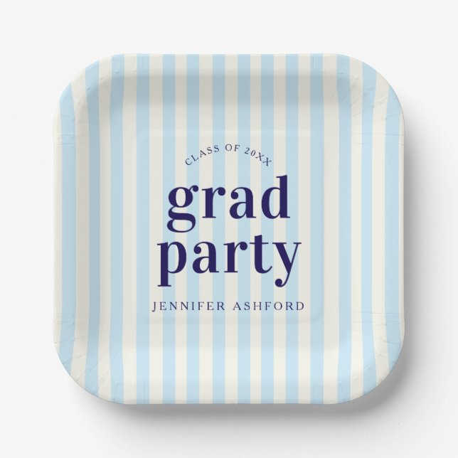 Modern Retro Stripes Navy Blue Graduation Party Paper Plate (Front)