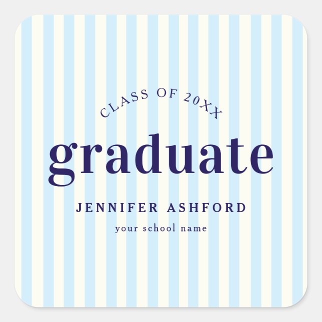 Modern Retro Stripes Navy Blue Graduation Party Square Sticker (Front)