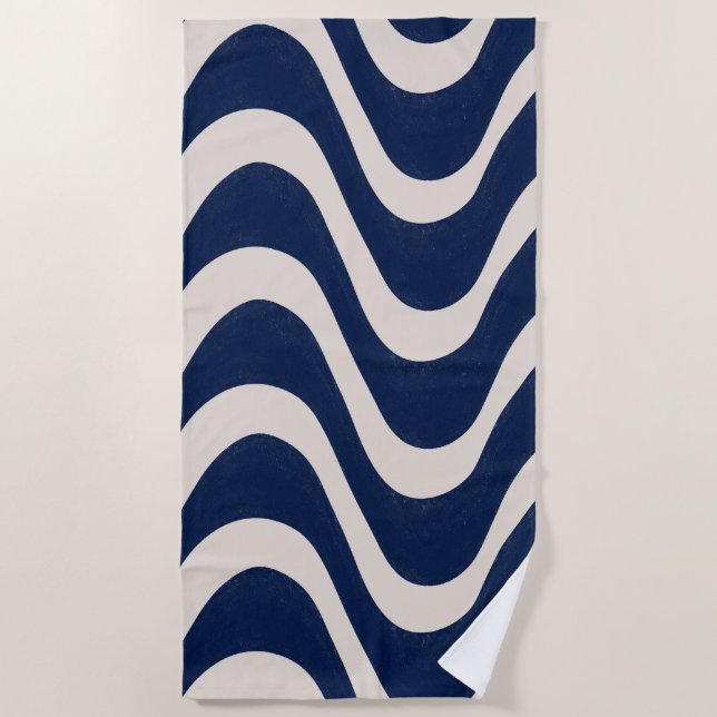 Modern Retro Summer Blue Waves Stripes Beach Towel (Front)