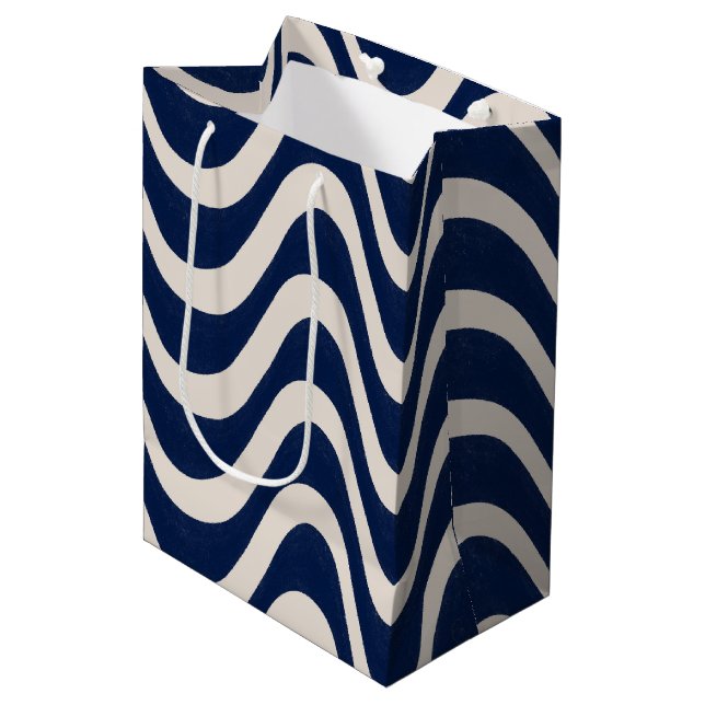 Modern Retro Summer Blue Waves Stripes Medium Gift Bag (Front Angled)