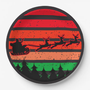 Modern Retro Sunset Red Green Santa Silhouette 9" Paper Plate