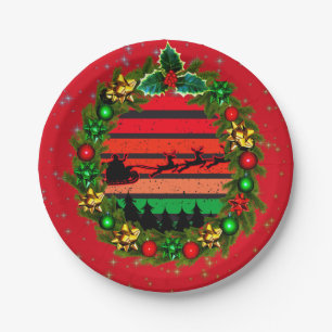 Modern Retro Sunset Red Green Santa  Wreath 7'" Paper Plate