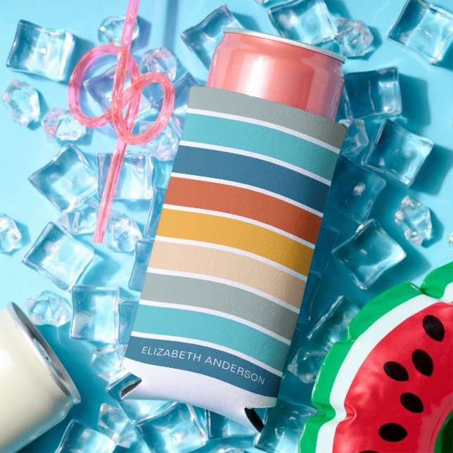 Modern Retro Sunset Stripes Personalised  Seltzer Can Cooler (In Situ Summer)