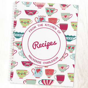 Modern Retro Teacup Pattern Personalised Recipe Notebook