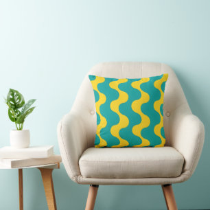 Modern Retro Teal and Yellow Wavy Abstract Cushion