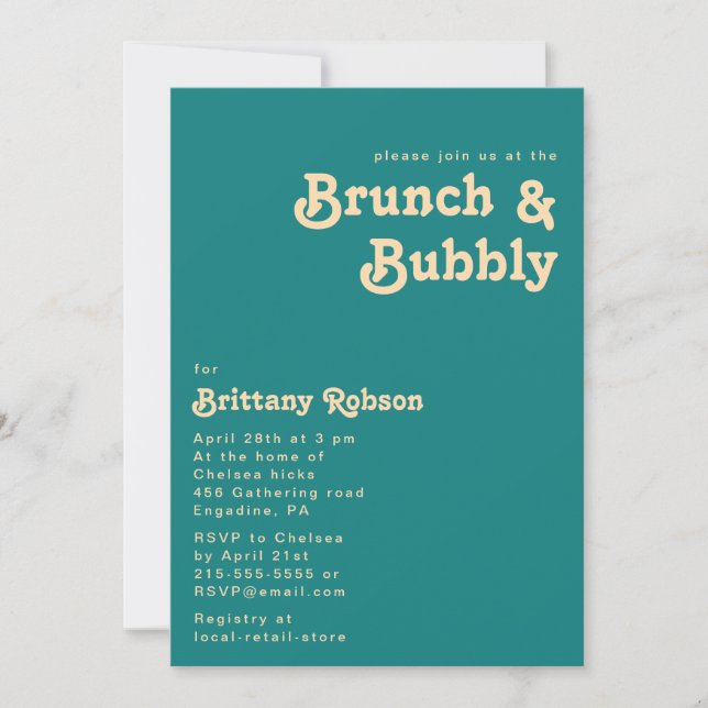 Modern Retro | Teal Brunch and Bubbly Invitation (Front)