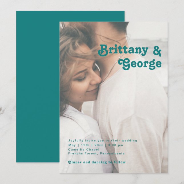 Modern Retro | Teal Casual Faded Photo Wedding Invitation (Front/Back)