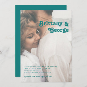 Modern Retro   Teal Casual Faded Photo Wedding Invitation