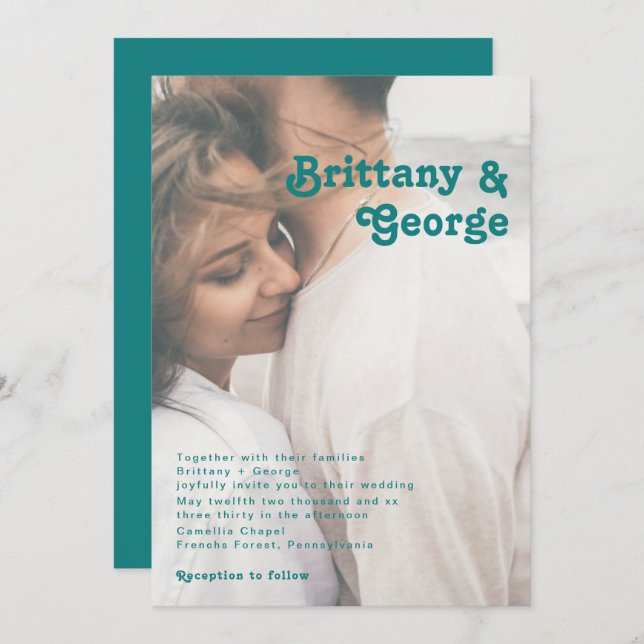 Modern Retro | Teal Faded Photo Wedding Invitation (Front/Back)