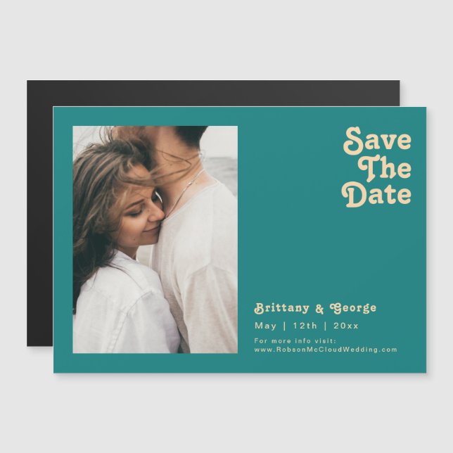 Modern Retro | Teal Horizontal Save The Date Magnetic Invitation (Front/Back)
