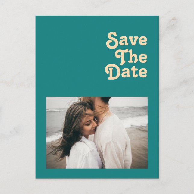 Modern Retro | Teal Photo Save The Date Invitation Postcard (Front)