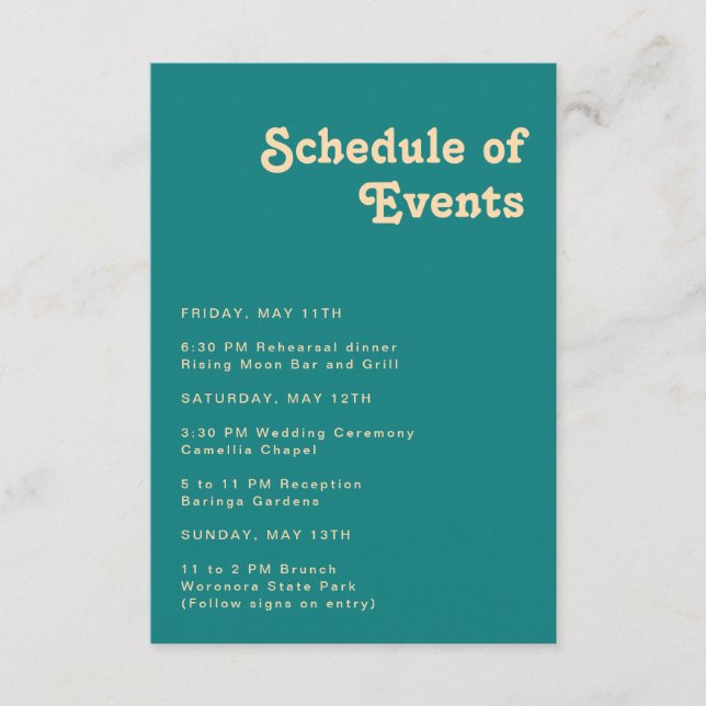 Modern Retro | Teal Schedule of Events Enclosure Card (Front)