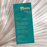 Modern Retro | Teal Wedding Dinner Menu<br><div class="desc">This modern retro | teal wedding dinner menu is perfect for your simple vintage, colourful tropical boho summer wedding. Its unique bohemian mid-century font gives this design a classic minimalist groovy hippie vibe. If you're looking for a design that features bright, bold colours for your creative 70's beach wedding, then...</div>