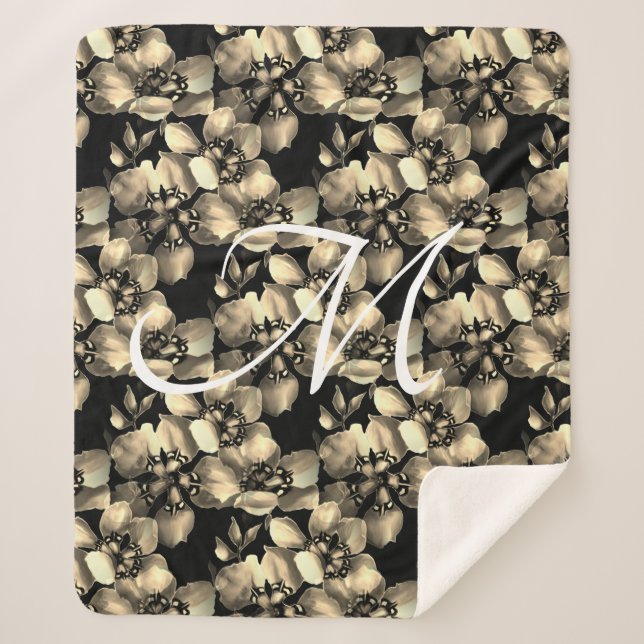 Modern Retro Victorian Floral Pattern Monogram Sherpa Blanket (Front)