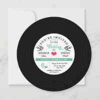 Modern Retro Vinyl Record Black Teal Wedding Card