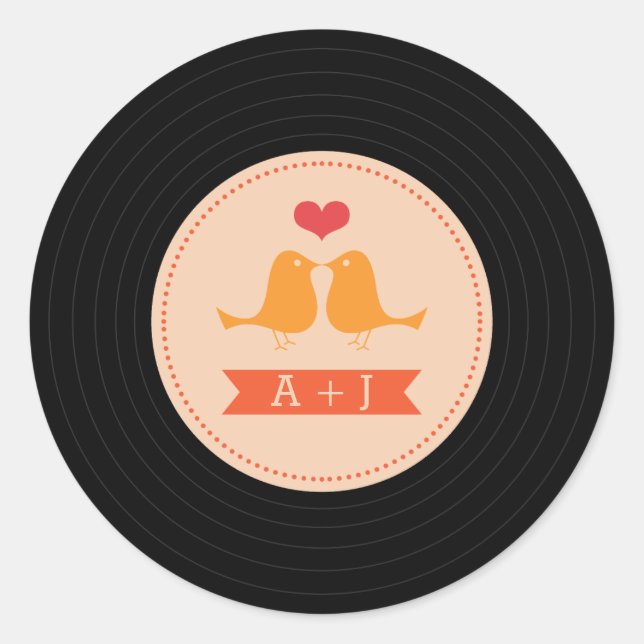 Modern Retro Vinyl Record Love Birds Blush Classic Round Sticker (Front)