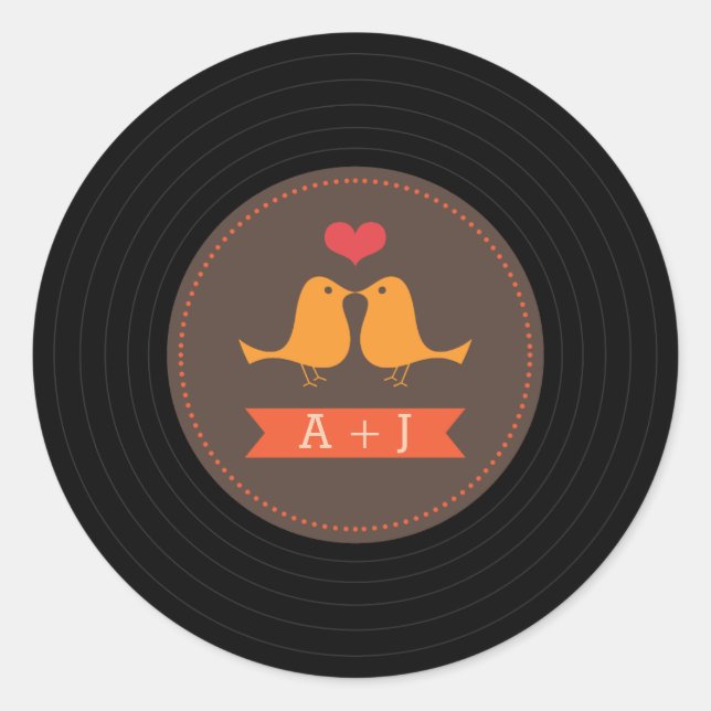 Modern Retro Vinyl Record Love Birds Brown Classic Round Sticker (Front)