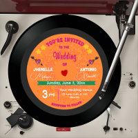 Modern Retro Vinyl Record Orange & Pink Wedding 