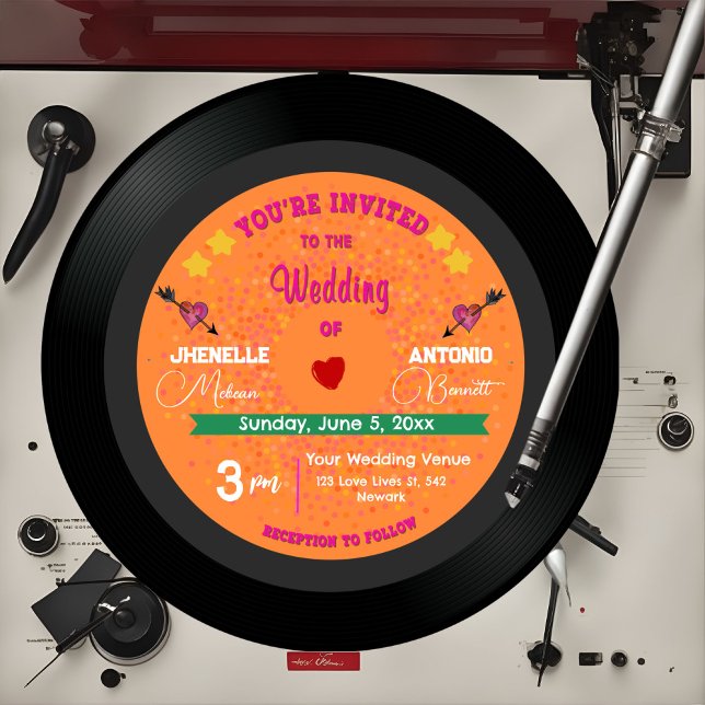 Modern Retro Vinyl Record Orange & Pink Wedding  Invitation (Creator Uploaded)