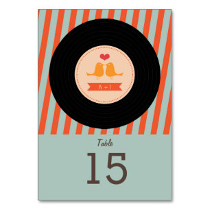 Modern Retro Vinyl Record Orange Sky Blue Wedding Table Number
