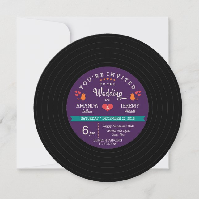 Modern Retro Vinyl Record Purple & Aqua Wedding Invitation (Front)