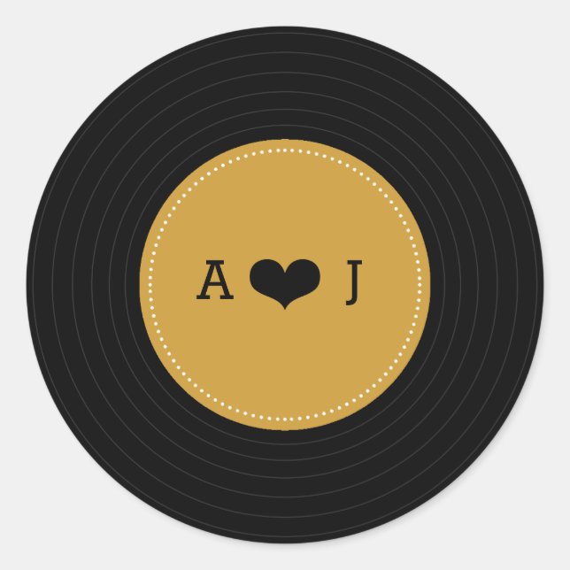 Modern Retro Vinyl Record Wedding (Gold / Black) Classic Round Sticker (Front)