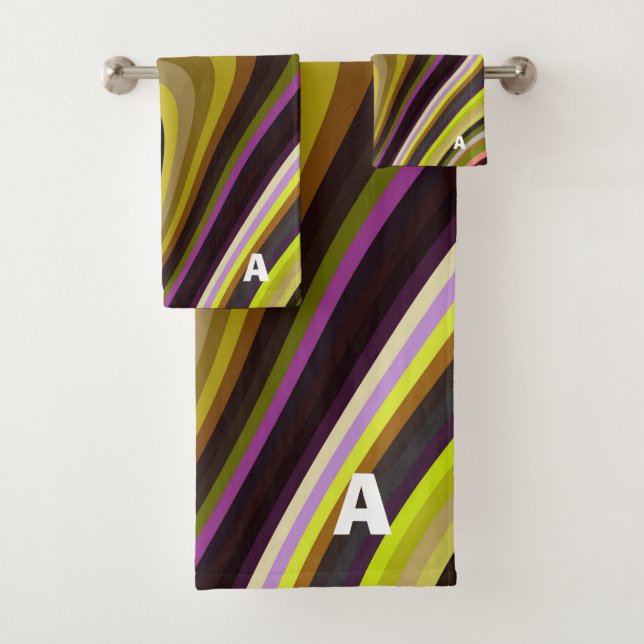 Modern Retro Wave Monogram Green Purple Brown Bath Towel Set (Insitu)