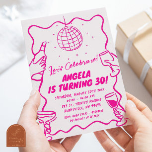 Modern Retro Wavy Hot Pink Illustrated Birthday Invitation