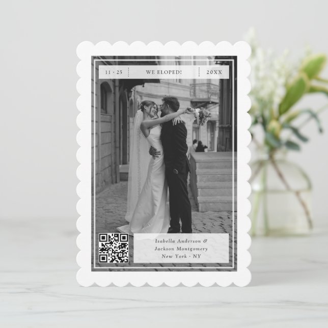 Modern Retro We Eloped Stamp QR Code Elopement  Announcement (Standing Front)