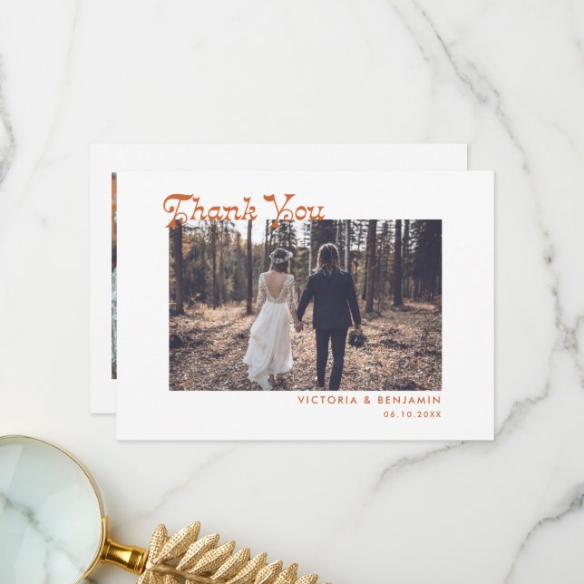 Modern Retro Whimsical Photo Wedding Thank You Car (Front/Back In Situ)