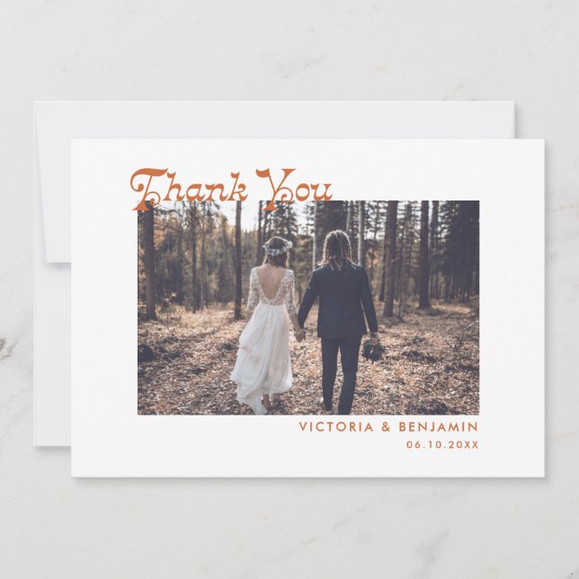 Modern Retro Whimsical Photo Wedding Thank You Card (Front)