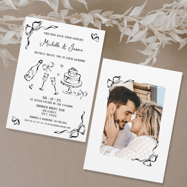 Modern Retro Whimsical Unique Hand Drawn Bow Photo Invitation (Creator Uploaded)