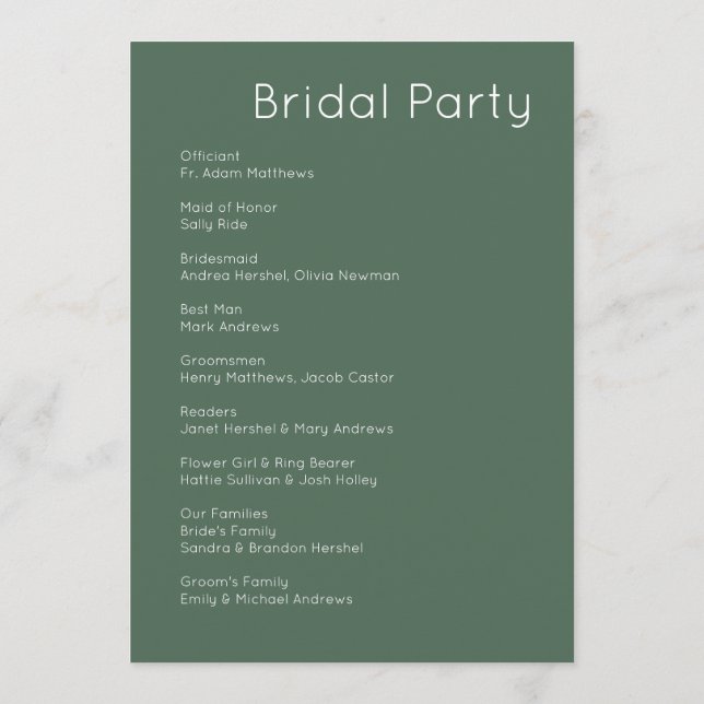 Modern Retro White & Olive Green Wedding Programme (Back)